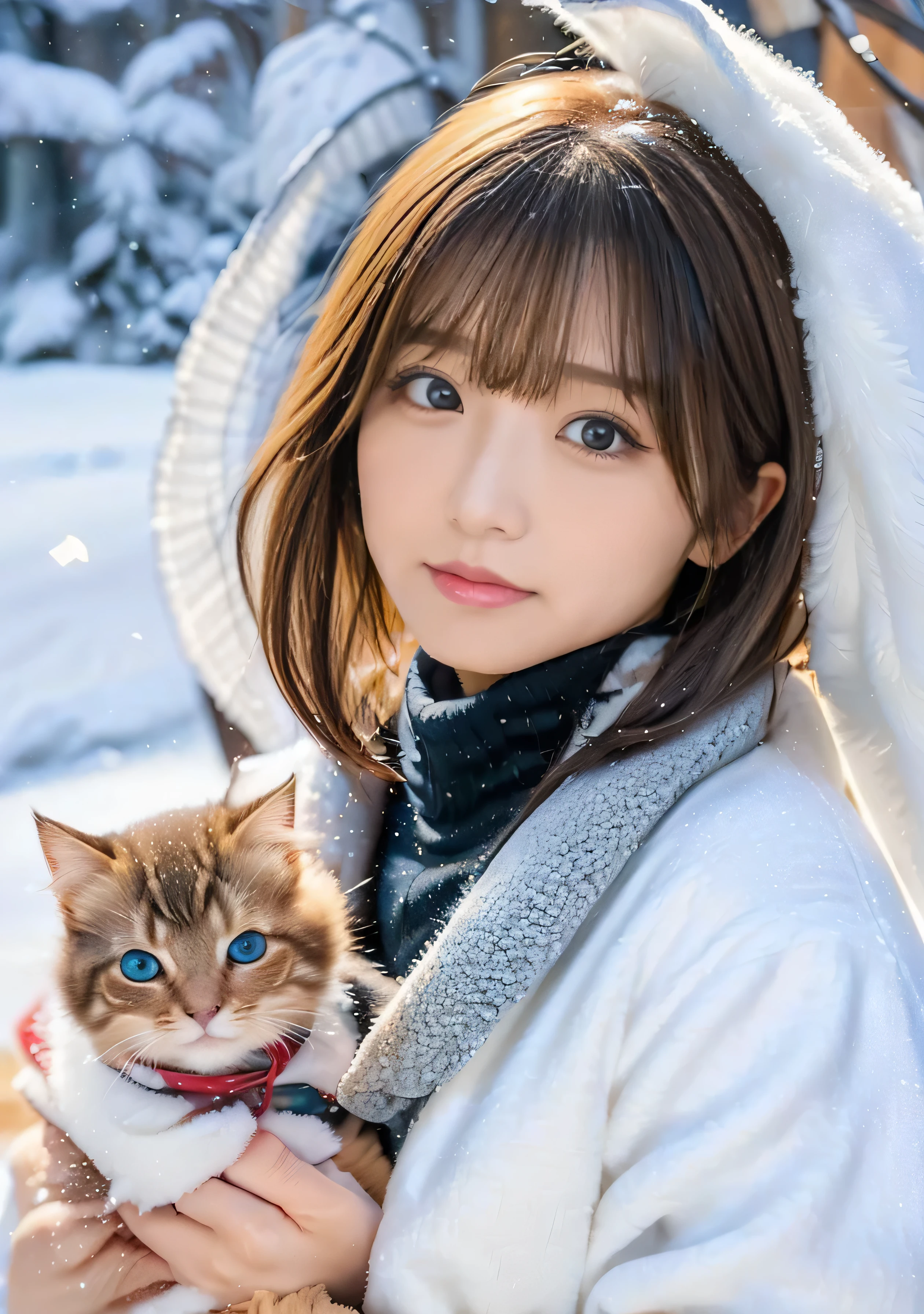 blue eyes、Holding a kitten、Photo from the waist up、Night city illumination shot、Cowgirl Shot、Fur coat、Luxurious grey mink fur coat、Wear fine leather boots、Luxury Bags、Inner turtleneck、Silver necklace and small silver earrings Millionaire style:1.4））、Full body photo、smile、 Caustics、Highly detailed photos、Very beautiful woman 、Ample breasts、No makeup、(8K、RAW Photos、Highest quality、masterpiece:1.2)、(Realistic、Realistic)、1 Girl、((Medium Short Hair、Midwinter、Cold region Snow falling、The wind is blowing、Fluttering Hair、Blur the background、Colorful illuminations、Looking into the camera:1.4))、
