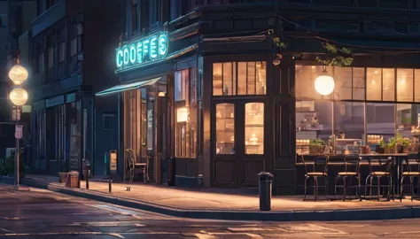 generate an image of a deserted street at night with a lofi aesthetic coffee shop, highlighting the illuminated sign and the lam...