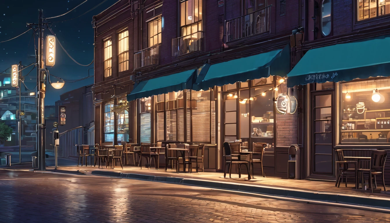 Generate an image of a deserted street at night with a lofi aesthetic coffee shop, highlighting the illuminated sign and the lamp posts in the background.