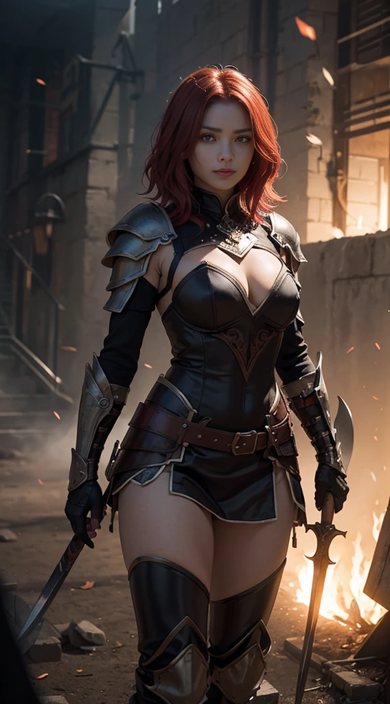 8k, best quality, highres, realistic, real person, A solitary warrior in a suspicious arena setting, without the demon lord. The warrior, lightly armored and with a sly smile, wields a large, ornately decorated axe. They have short red hair. The background is a mysterious and ominous arena, with a sense of danger and suspense. The lighting is dim and dramatic, enhancing the warrior's intense and cunning appearance.