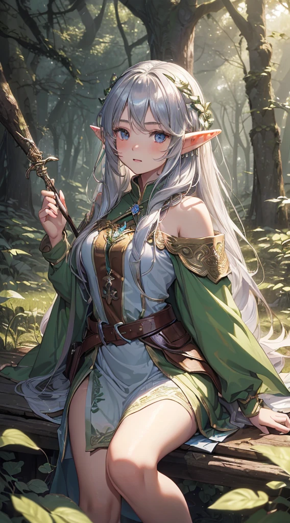 Top quality、Top image quality、masterpiece、girl((18 years old、Holy,Forest Fairy Goddess,Proud expression,Silver long hair,Elf ears,In the middle of the forest,Floating