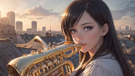 woman playing music (wind instruments), jazz music, rooftop, relaxing atmosphere, clear sky, city landscape beautifully detailed...