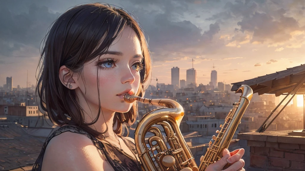 Woman playing music (wind instruments), jazz music, rooftop, relaxing atmosphere, clear sky, city landscape Beautifully detailed eyes Beautifully detailed lips Very detailed face. Medium: Digital painting. (best quality 4k, 8k, high resolution, masterpiece: 1.2), extraordinary details (realistic, photorealistic: photorealistic: 1.37), warm light, moody atmosphere, cinematography, vivid colors, light Stunning