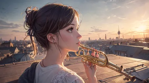 woman playing music (wind instruments), jazz music, rooftop, relaxing atmosphere, clear sky, city landscape beautifully detailed...