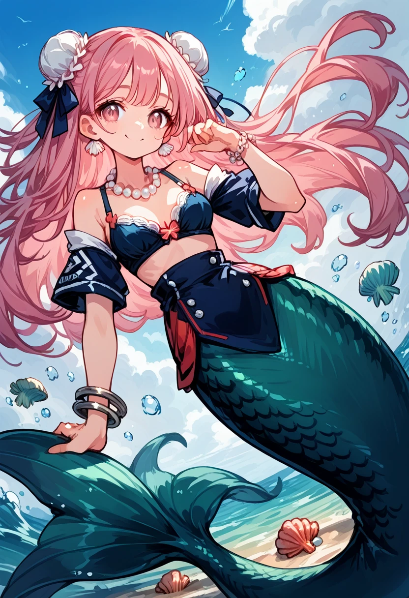 Very detailed, masterpiece, high quality, magically transformed into a mermaid、cute anthropomorphic mouse girl, Fantasy, Race change, smile, Anime Style, (((Long mermaid tail below waistline))),pelvic and dorsal fins,(((Seashell bra))), pearl earrings and bracelet, Pearl Necklace,masterpiece, 最high quality, High resolution, {Detailed and beautiful eyes}, finely, Detailed and beautiful eyes,1 Girl, (alone:1.5), (((Hair Ribbon:0.4)))), Pink Eyes,Cinematic Angles,perspective,(((White bun hair))),(((Long pink hair))),whole body,Kunimi Tama,