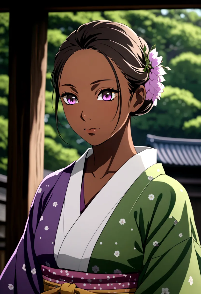 traditional japanese clothing, hair green, purple eyes and dark skin