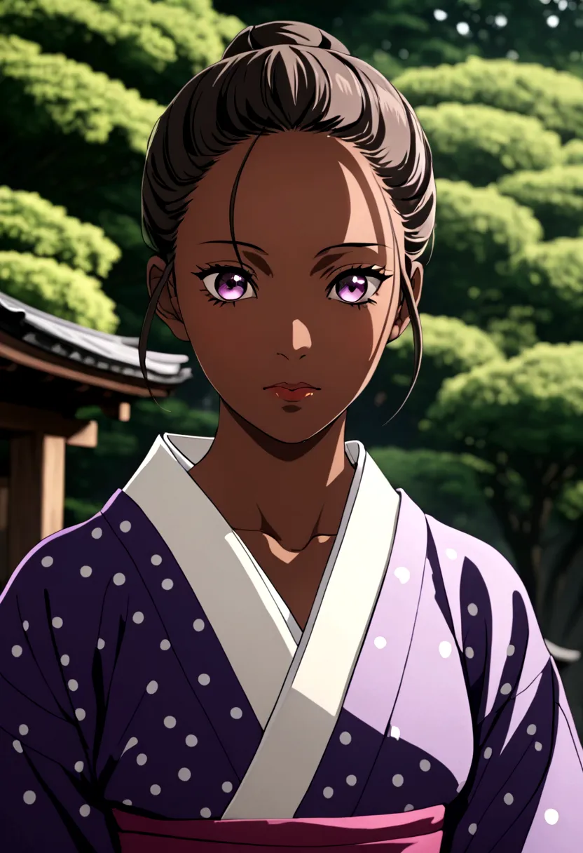 traditional japanese clothing, hair green, purple eyes and dark skin