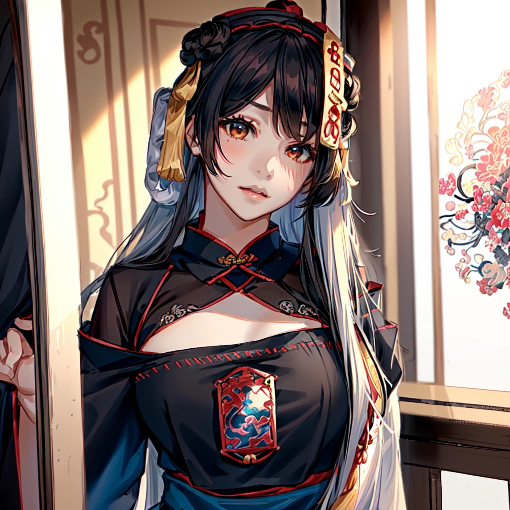 Woman with long white hair wearing black top and blue skirt, Japanese Goddess, Anime Girl Cosplay, White Ji haircut, palace ， Girl wearing Hanfu, Deer Meet, Hanfu, Anime role playing, In line with ancient Chinese aesthetics, 穿着Chinese Clothing, Chinese Clothing, Chinese, black hime cut hair, Chinese Girl, anime-inspired