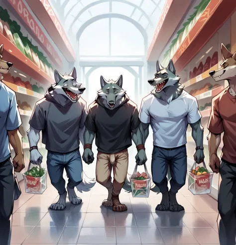 exaggeratedly toned muscular wolf with gray fur.  with small penis walking in a shopping center. two women see him. 3 men laugh ...