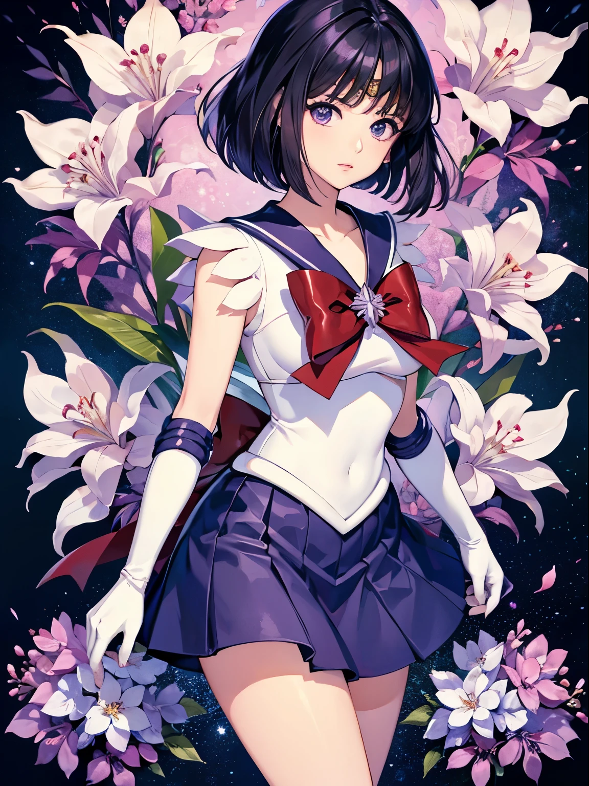 sailor saturn, 1 girl, black hair, short hair, purple eyes, detailed eyes, simple background, female focus, alone, Standing, Hotaru Tomoe, portrait, full body, (Masterpiece:1.0), (best quality:1.0) , (wallpaper 8k:1.0), (detailed beautiful face:1.0), (detailed deep eyes), deep eyes, looking at viewer, sailor scout, lilac bow on chest, lilac skirt, white gloves,,