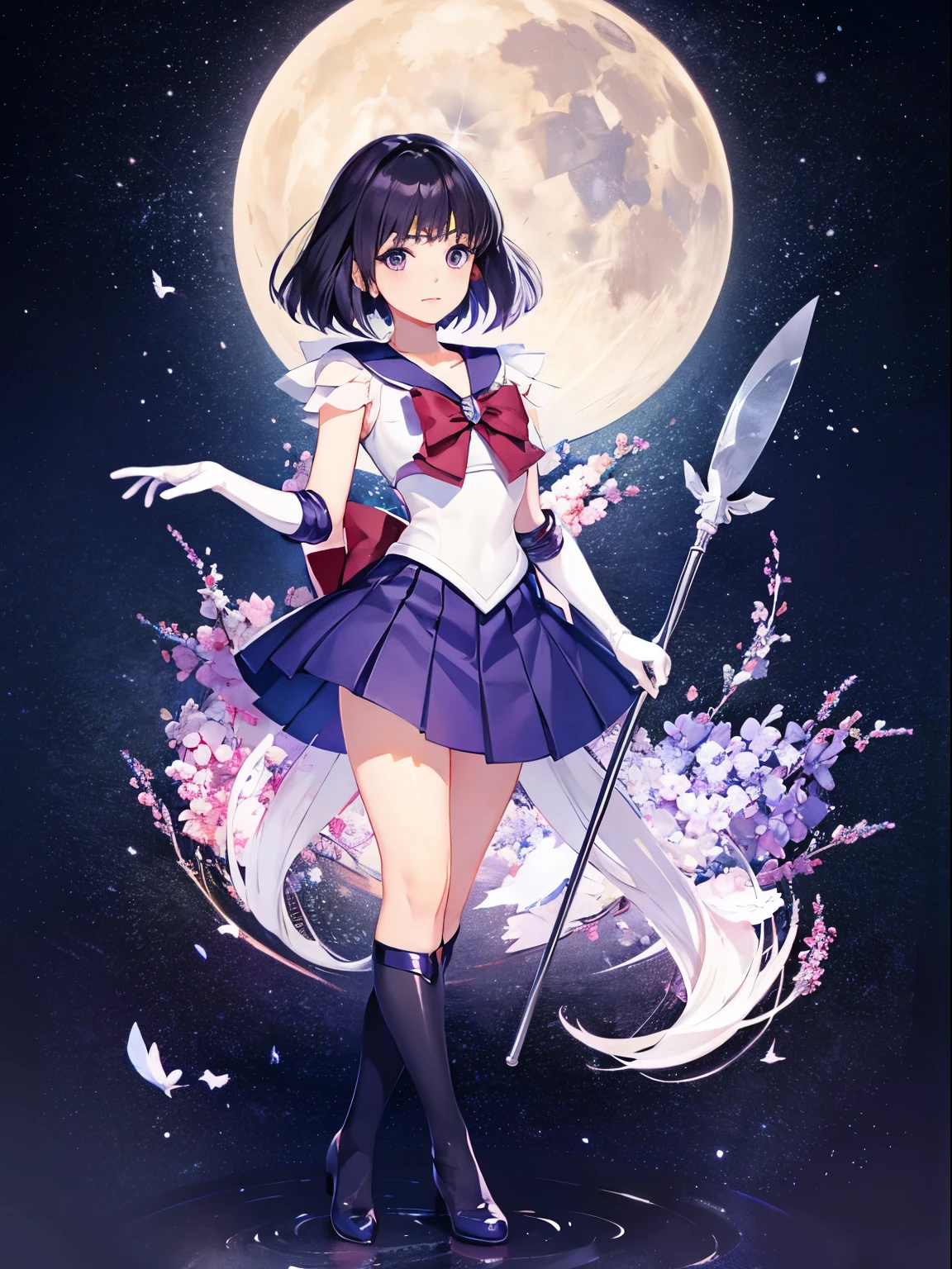 sailor saturn, 1 girl, black hair, short hair, purple eyes, detailed eyes, simple background, female focus, alone, Standing, Hotaru Tomoe, portrait, full body, (Masterpiece:1.0), (best quality:1.0) , (wallpaper 8k:1.0), (detailed beautiful face:1.0), (detailed deep eyes), deep eyes, looking at viewer, sailor scout, lilac bow on chest, lilac skirt, white gloves,,