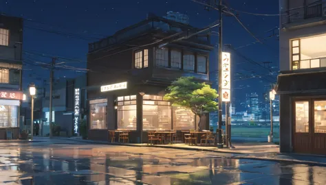 generate an image of a deserted street at night with a lofi aesthetic coffee shop, highlighting the illuminated sign and the lam...