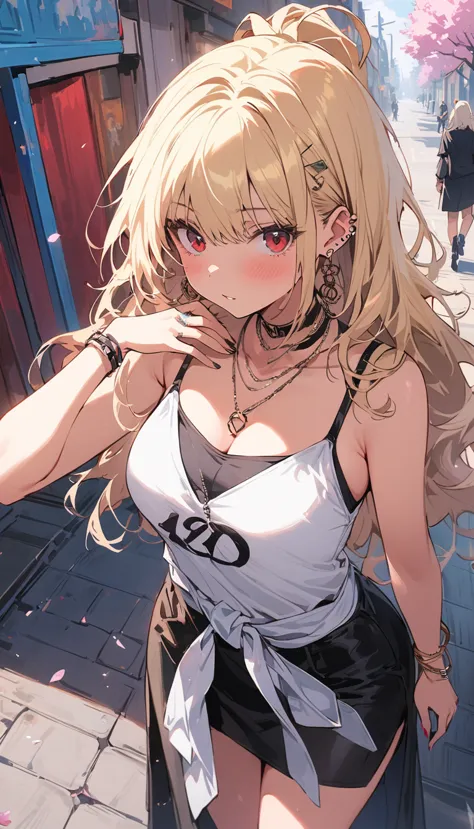 masterpiece, best quality, whole body, a girl, long blond hair，blue eyes, black necklace, blush, bracelet, chest, necklace, clot...