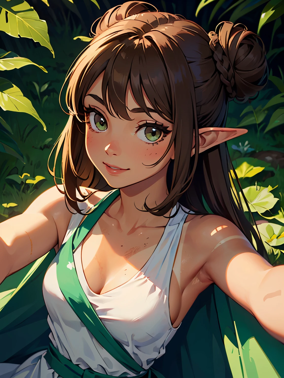 masterpiece, high quality, illustration, extremely detailed, cg unity 8k, ((summer: 1.4)), 1_women, (upper body) (tan exotic skin_complexion:1.4), mature, statuesque, beautiful, exotic, with long elf ears, smiling, portrait shot, (((looking away from viewer))), ((eyes looking away from camera)), ((laying on back)), laying on ground, medium breast, thigh gap, white backless halter top dress, ((green sash belt)), bare_shoulders, (((long brown hair))), ((twin hair buns)), detailed face having (((hazel eyes)), dark_eyeliner, long_eyelashes), natural dynamic lighting casts detailed shadows, outside on grassy hill, 