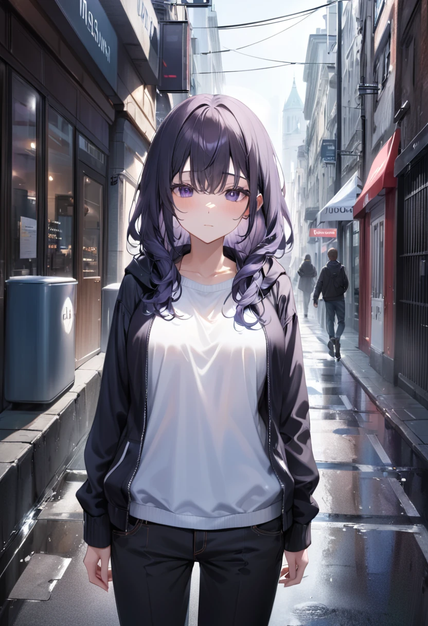 (masterpiece:1.37), best quality, (extremely detailed:1.37) woman, (adult:1.5), (very long hair:1.5), dark purple hair, purple eyes, (extremely detailed eyes:1.37), breasts, hoodie, jeans, (wetting herself:2.0), standing straight, full body day, daytime, glow, facing viewer, perfect composition, full body, city, street