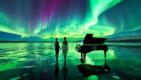 a mysterious and enchanting scene with one piano placed on the water under a sky full of aurora borealis. ((a beautiful woman is...