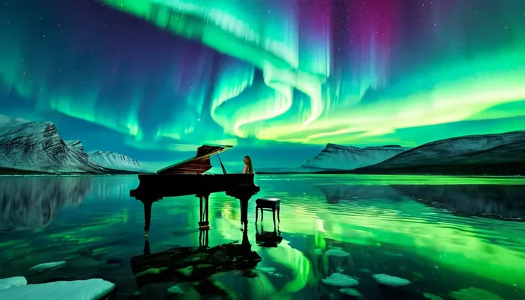 a mysterious and enchanting scene with one piano placed on the water under a sky full of aurora borealis. ((a beautiful woman is...