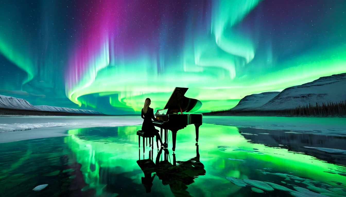 A mysterious and enchanting scene with one piano placed on the water under a sky full of aurora borealis. ((A beautiful woman is standing in front of the piano.)) The water surface reflects the view of the Northern Lights and is surrounded by silence. The piano is lit up and looks even more divine.
