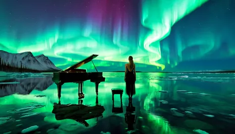 a mysterious and enchanting scene with one piano placed on the water under a sky full of aurora borealis. ((a beautiful woman is...