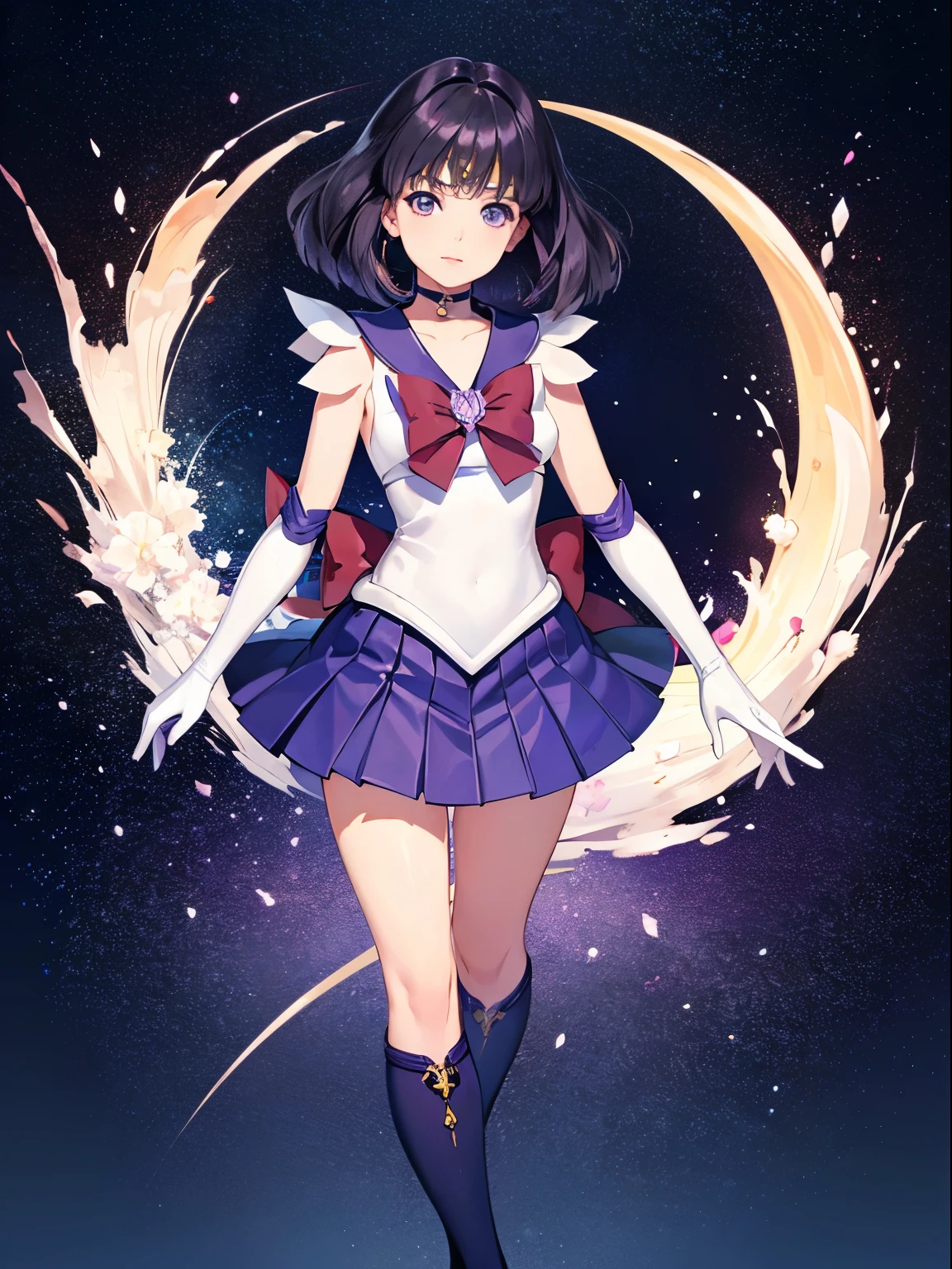 sailor saturn, 1 girl, black hair, short hair, purple eyes, detailed eyes, simple background, female focus, alone, Standing, Hotaru Tomoe, portrait, full body, (Masterpiece:1.0), (best quality:1.0) , (wallpaper 8k:1.0), (detailed beautiful face:1.0), (detailed deep eyes), deep eyes, looking at viewer, sailor scout, lilac bow on chest, lilac skirt, white gloves,,