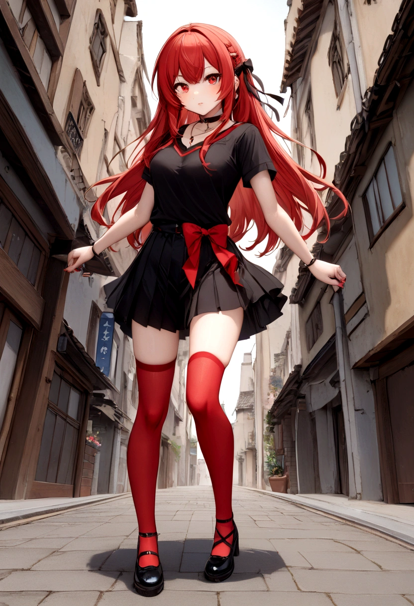 a girl with a black skirt and a small red shirt on top of is red stockings . red zip up hoodie, black shirt underneath with short sleeves and ,red hair, long hair and a flower with a ribbon on the bottom on the side on the hair and red eyes has a black Choker , and a small heart red necklace , has a ribbon bow waistband, main color red , full body 