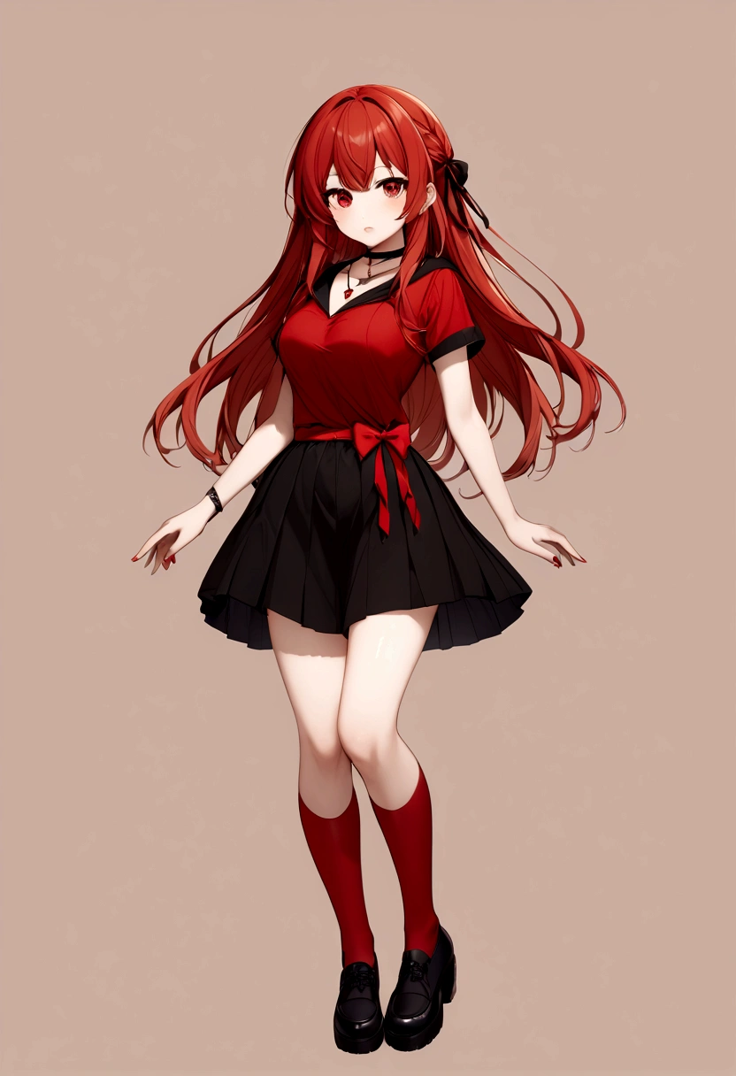 a girl with a black skirt and a small red shirt on top of is red stockings . red zip up hoodie, black shirt underneath with short sleeves and ,red hair, long hair and a flower with a ribbon on the bottom on the side on the hair and red eyes has a black Choker , and a small heart red necklace , has a ribbon bow waistband, main color red , full body 