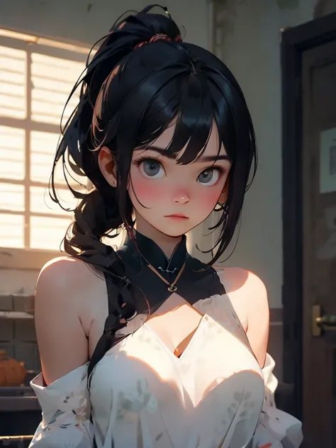 character featureshairstyle：long black hair ponytail sex：brave girl bangs：bangs accessories：猫の耳衣装騎士の鎧視点・アングルフロントビュー下からのアングル背景緑豊か...