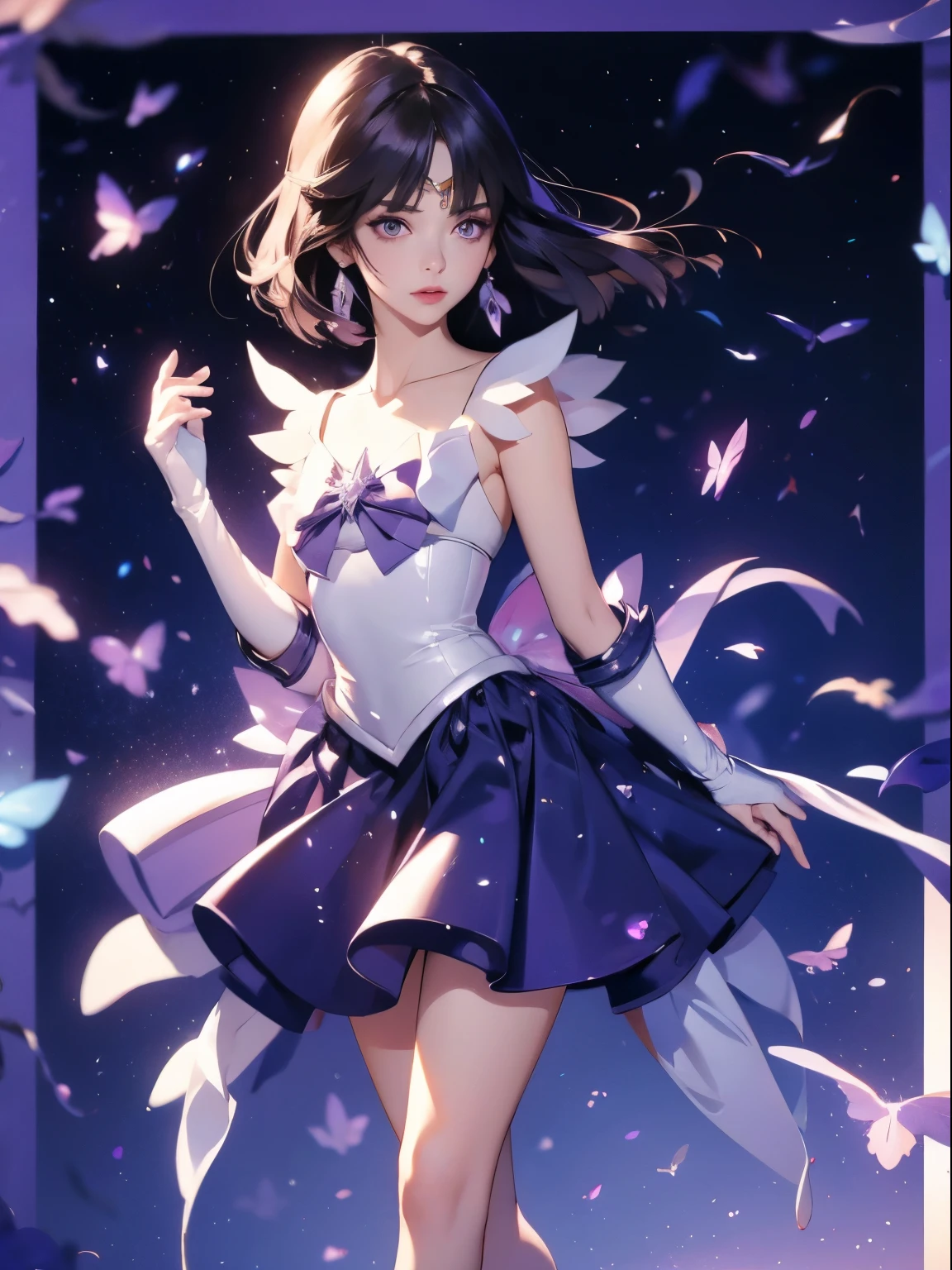 SAILOR Saturn, 1 Mädchen, schwarzes Haar, Kurzes Haar, lila Augen, Detaillierte Augen, Einfacher Hintergrund, weiblicher Fokus, allein, Stehen, Hotaru Tomoe, Porträt, Ganzkörper, (Meisterwerk:1.0), (beste Qualität:1.0) , (Tapete 8k:1.0), (detailliertes schönes Gesicht:1.0), (detailed tiefe Augen), tiefe Augen, Betrachter betrachten, Seemann-Scout, lilafarbener Schleife auf der Brust, lila Rock, Weiße Handschuhe,,