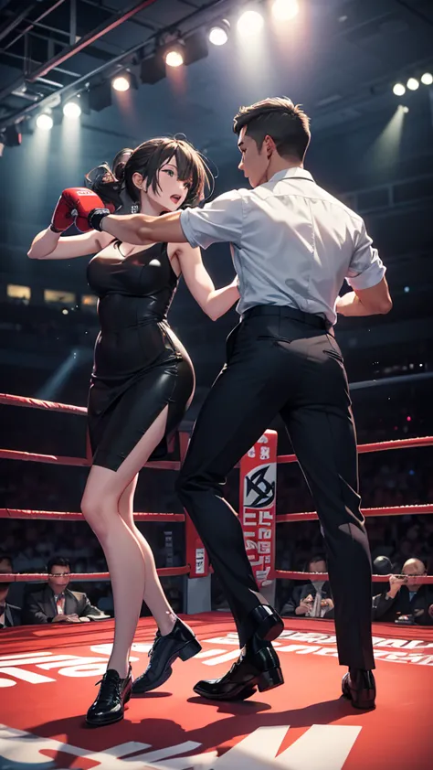 Boxing Counter、Men and women in suits、Two people fighting
