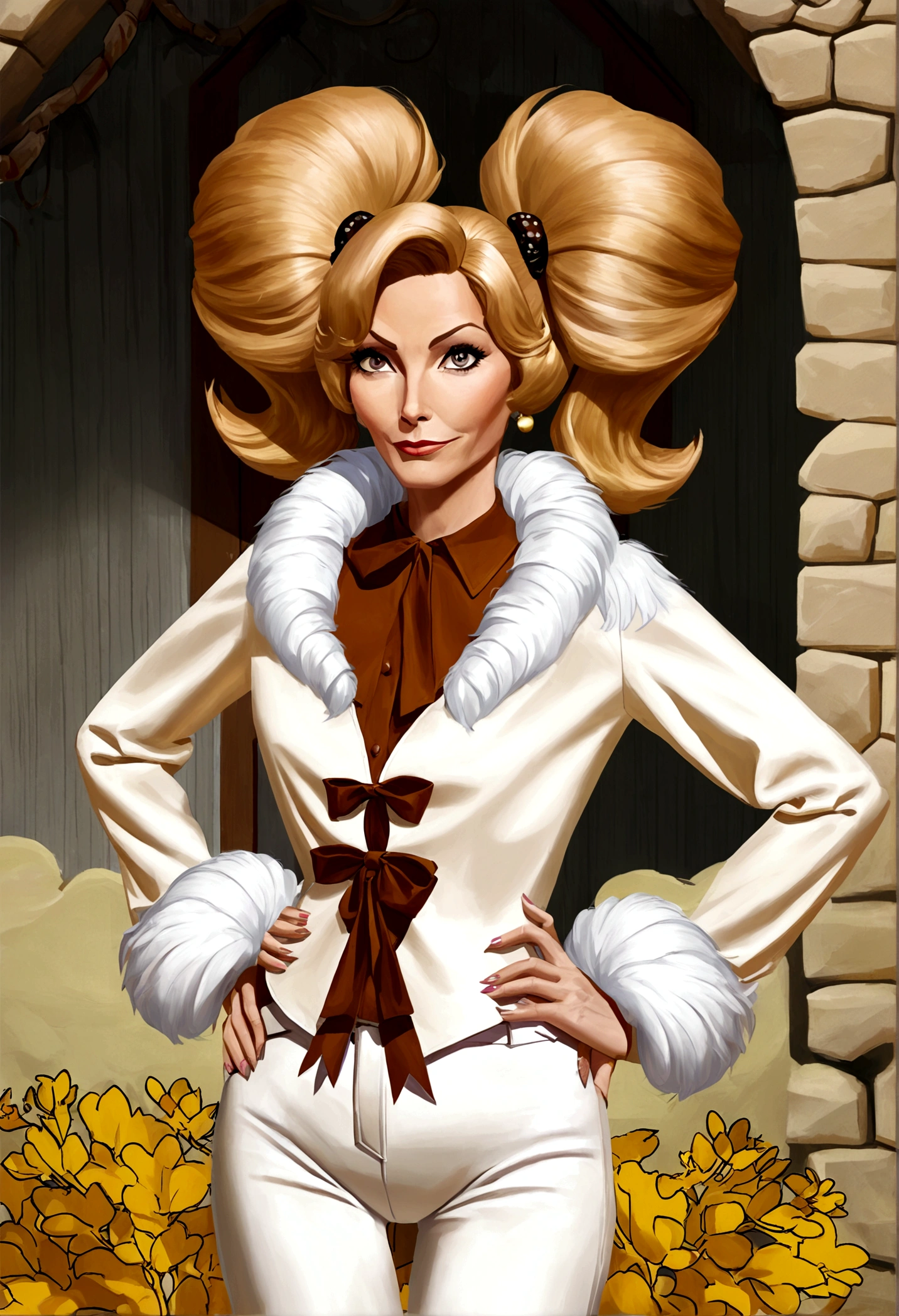 Wilma Flintstone (gates McFadden, age 30, twintails, bone in hair, fur 2 piece outfit, casual pose hands on hip, slightly annoyed) in a Bedrock house with animal appliances