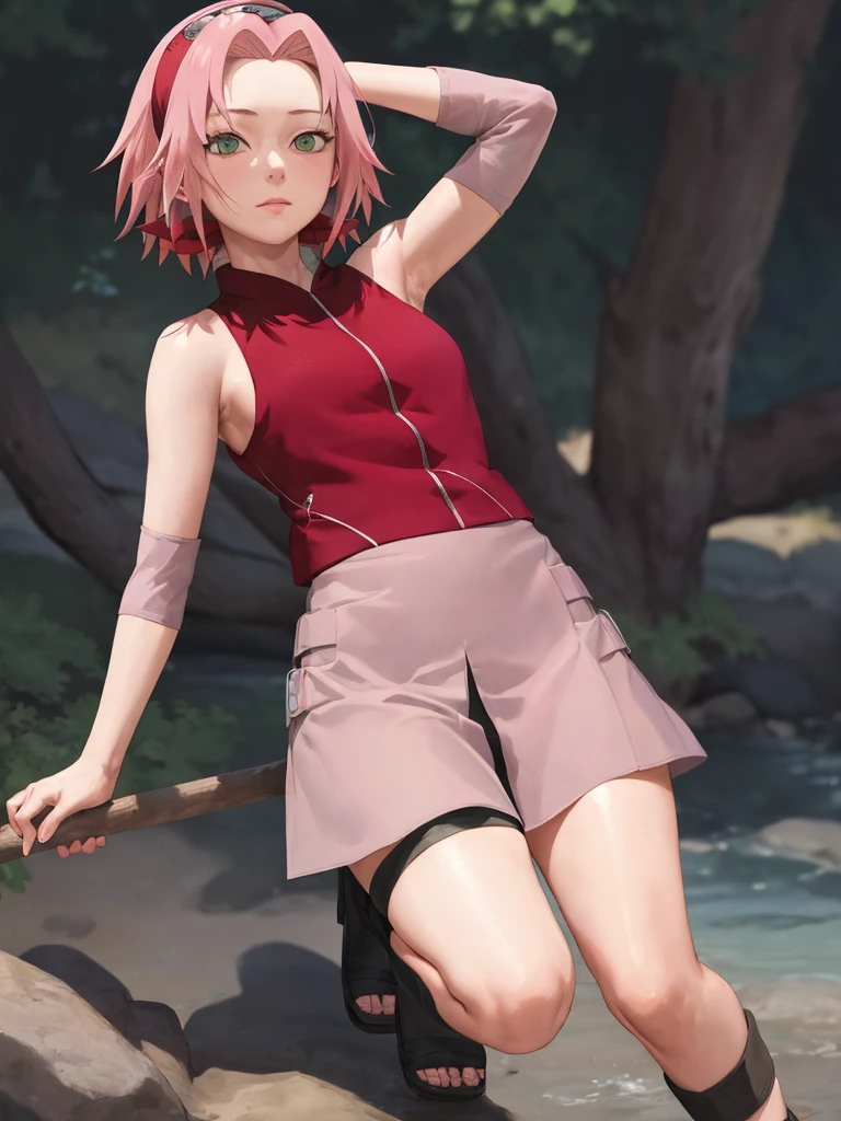 todo el cuerpo, Sakura Shippuden, sakura haruno, desnudo, Alone, 1 chica, axilas afeitadas, brazo detrás de la cabeza, centrarse en la axila, ojos verdes