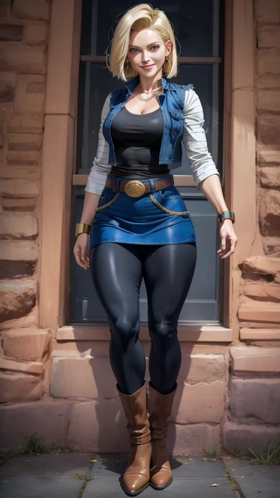 best quality, highres, and18, 1girl, android 18, solo girl, 1girl, blonde hair, blue eyes, belt, boots, tight blue demin skirt, gold_necklace, black shirt, short hair, long striped sleeves, earrings, open vest, denim vest, medium breasts, cowboy shot, mountains, straight-on, (weather: raining and windy), wet body, sexy smile, combat stance, full length pantyhose, battle ruins, wide hips, thick legs, torn clothes, closed fists,