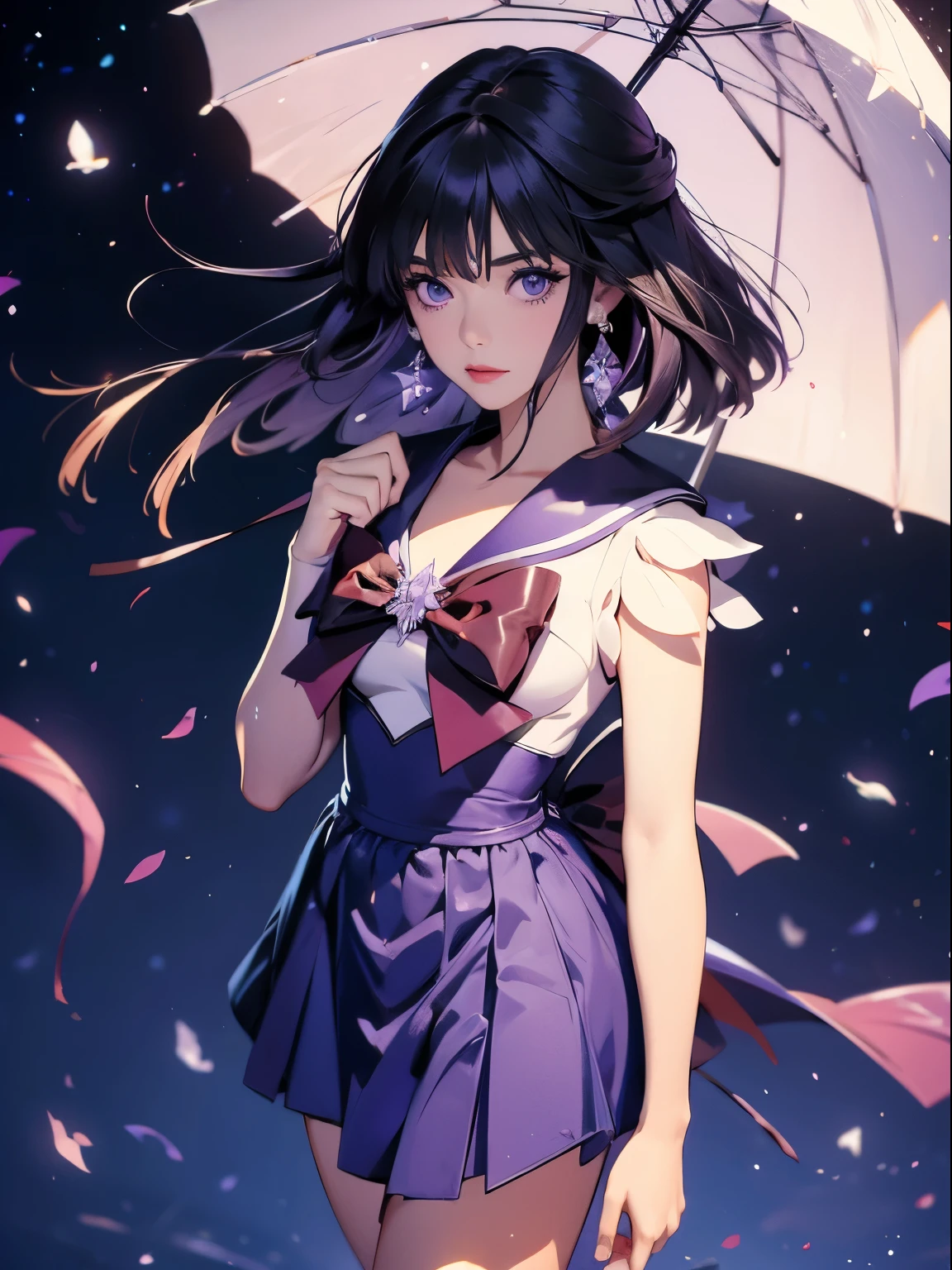 sailor saturn, 1 girl, black hair, short hair, purple eyes, detailed eyes, simple background, female focus, alone, Standing, Hotaru Tomoe, portrait, full body, (Masterpiece:1.0), (best quality:1.0) , (wallpaper 8k:1.0), (detailed beautiful face:1.0), (detailed deep eyes), deep eyes, looking at viewer, sailor scout, lilac bow on chest, lilac skirt, white gloves,,