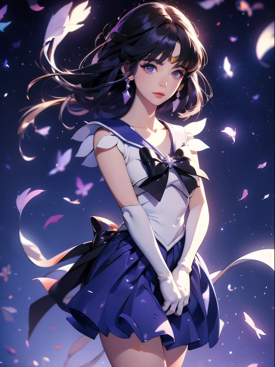 sailor saturn, 1 girl, black hair, short hair, purple eyes, detailed eyes, simple background, female focus, alone, Standing, Hotaru Tomoe, portrait, full body, (Masterpiece:1.0), (best quality:1.0) , (wallpaper 8k:1.0), (detailed beautiful face:1.0), (detailed deep eyes), deep eyes, looking at viewer, sailor scout, lilac bow on chest, lilac skirt, white gloves,,