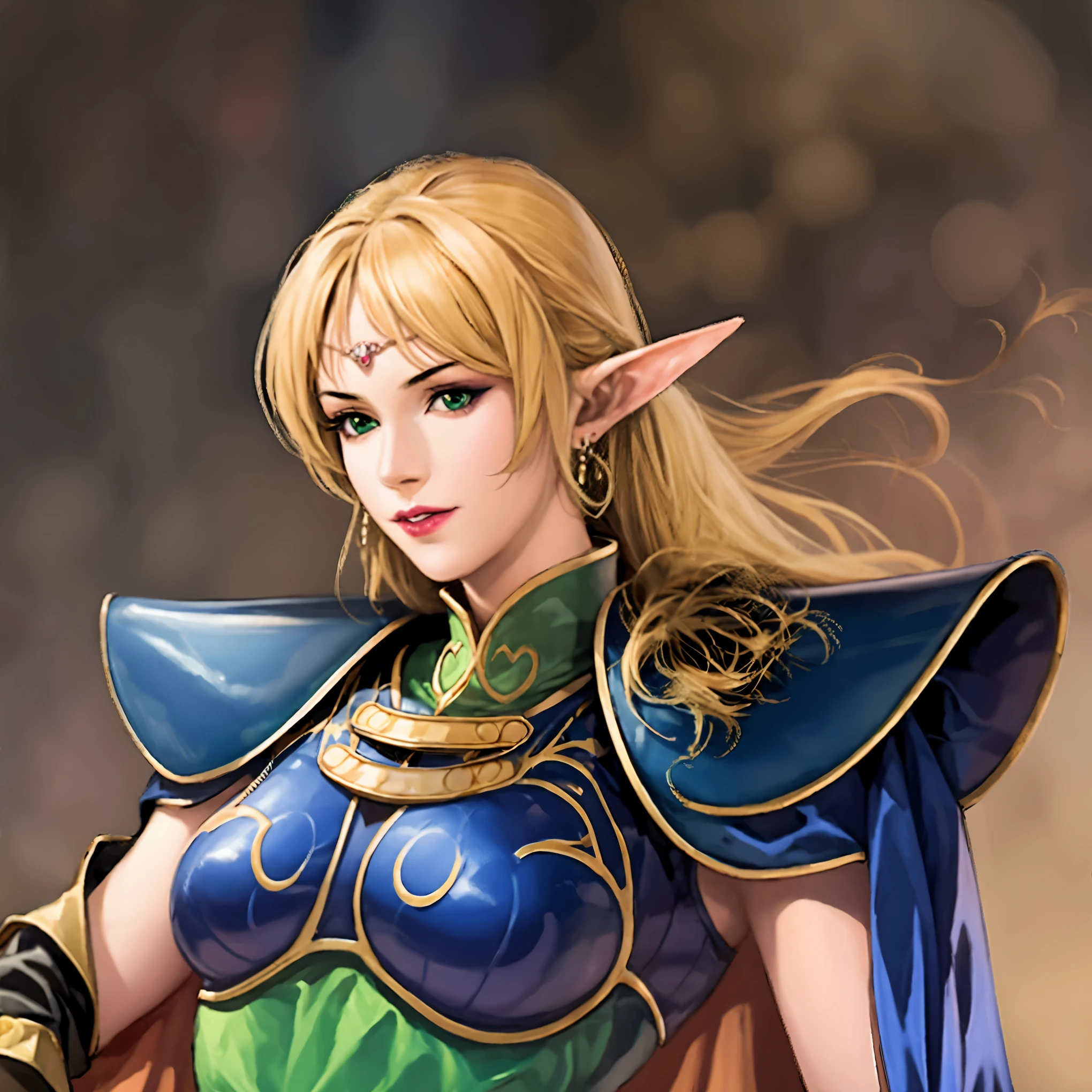 1girl:1.5, masterpiece, best quality, best detail, best proportion, best anatomy, best face, best shaped breasts, sangokushi11, upper body, face, ANI_CLASSIC_deedlit_ownwaifu, www.ownwaifu.com, pointy ears, blonde hair, long hair, elf, circlet, green eyes, long pointy ears, very long hair, breasts, medium breasts, earrings, lips, makeup, bangs, cape, armor, blue cape, shoulder armor, pauldrons, gloves, breastplate, belt, green dress, short dress,
