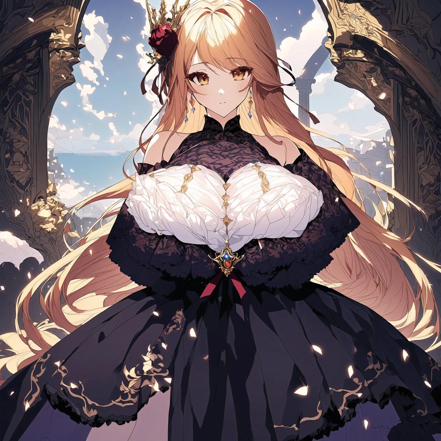 ((Anime cute art style)),(((digital))),Noble atmosphere,(masterpiece), (best quality), (Super detailed),illustration,(Very delicate and beautiful),Dynamic angle,looking at the audience,(((solitary))),((whole body)),(((1 Gorgeous and noble princess in wide skirt))),jewel eye,(Very long hair),Gorgeous embroidery and lace,transparent,gorgeous ruffles,(Huge breasts,Long Breasts),(Gorgeous ball gown with loose skirt),