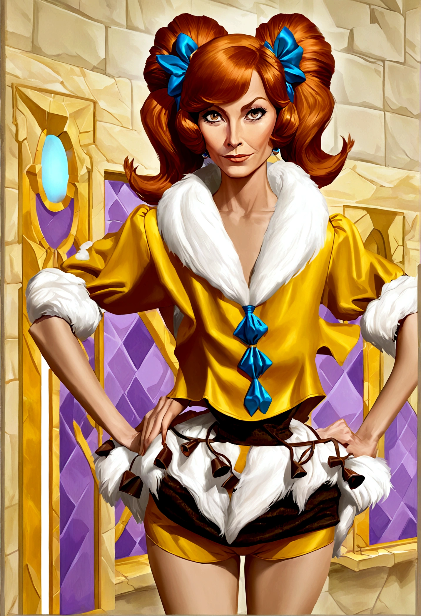 Wilma Flintstone (gates McFadden, age 30, twintails, bone in hair, fur 2 piece outfit, casual pose hands on hip, slightly annoyed) in a Bedrock house with animal appliances