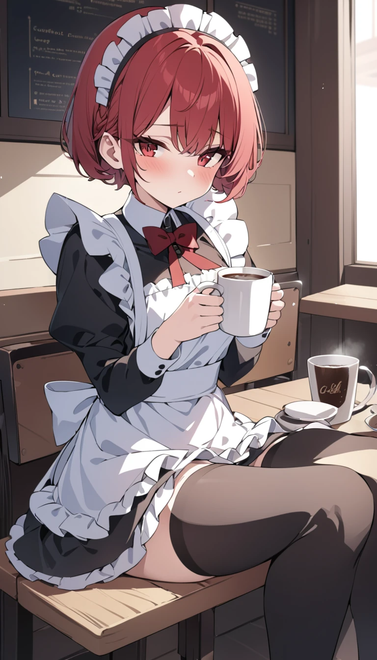 （masterpiece：1.2），Best quality，Perfect Anatomy，Very detailed，1 Girl，Solitary, high resolution，Red eyes，Black with red short hair，Maid costume，sitting in café，Holding a cup of coffee，High and cold，Black thigh-high socks