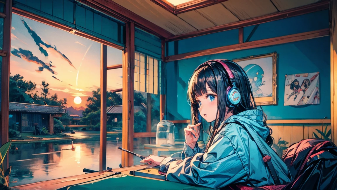 high resolution,High definition,high quality,Girl playing games,gaming computer,Erogeo Art Style, Arte Roffie, zero vibrations, Hip Hop Lofi,aesthetic, Lo-fi art, Lo-fi illustration style, zero, Portrait of Roffey, vibe zero, zero, Chill Hop, Anime Aesthetics,japanese style,large window,girl wearing headphones,sunset