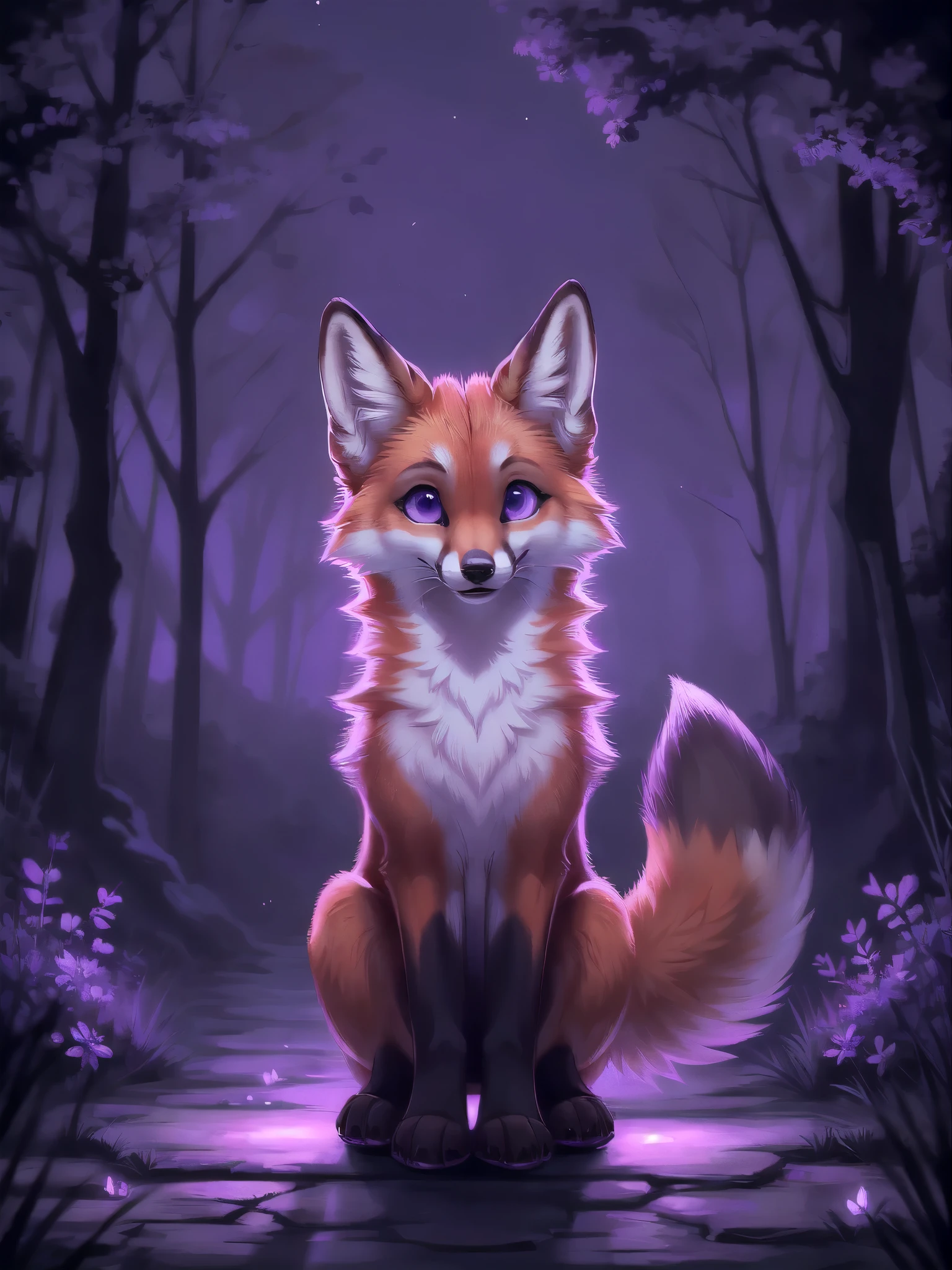 Feral red fox, female, Fox masterpeice, highest quality, cute, majestic, purple lighting, glowing