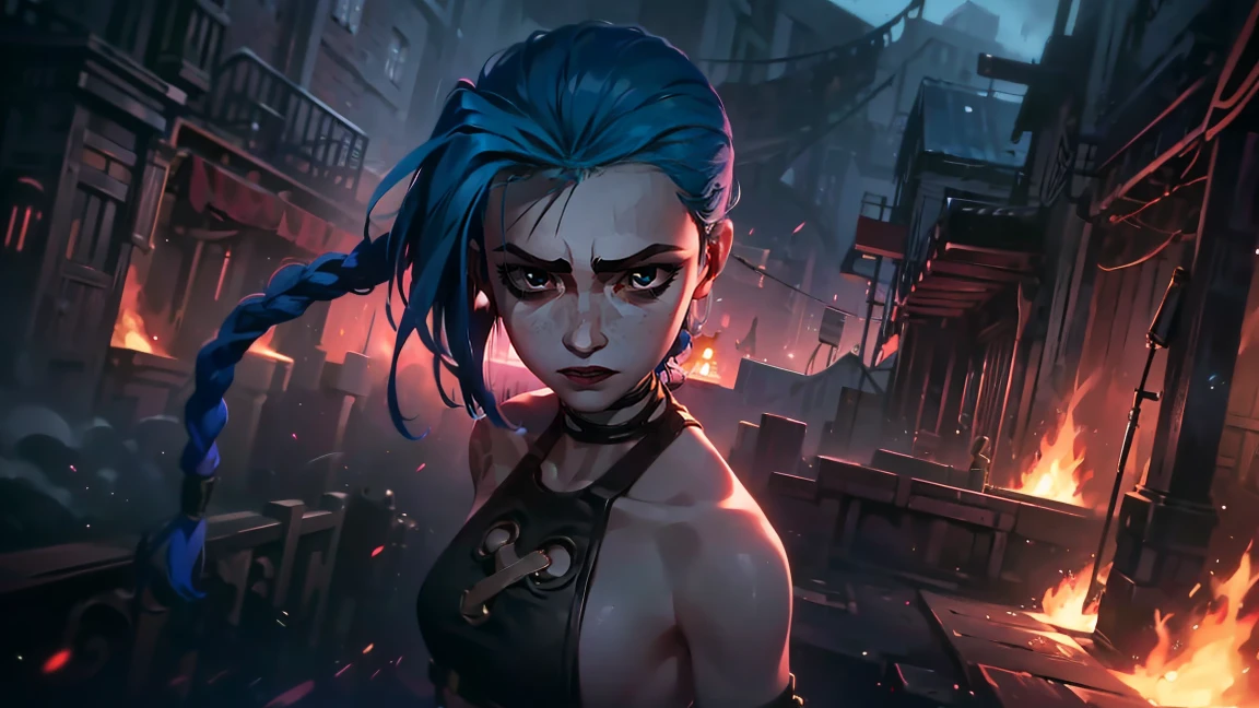 (masterpiece, Best quality), 1 girl, portrait, very sexy, crazy look, smile, crying, pink tears, tears on the cheeks, tears from eyes, full length (full body 1.1.), очень feminine, fighting stance, battle, fire, explosions, burning city, Beautiful waist, gloomy composition, flame, fire, Flash, very beautiful, feminine, long hair, hair braided in long braids, very sexy, tight leather pants, emphasis on the eyes, emphasis on the face, Beautiful face, Hands, Hair, Haired ponytail, red purple eyes, Джинкс crying, Blue cloud tattoo, (masterpiece, Best quality), Side lighting, beautiful detailed eyes, crazy face), (Best quality), (masterpiece), magic photography, Spectacular lighting, Photorealism, ultra detailed, интимная portraitная композиция, 1. 4,8 k UHD, aesthetic, Cd., A high resolution, 8 k, better lighting, Best shade, Ultra-HD, A high resolution, sharp focus, Complex background, Cinematic lighting, ((Landscape view)), 4K block, (better lighting), ((Cinematic lighting)),