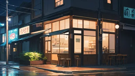 generate an image of a deserted street at night with a lofi aesthetic coffee shop, highlighting the illuminated sign and the lam...