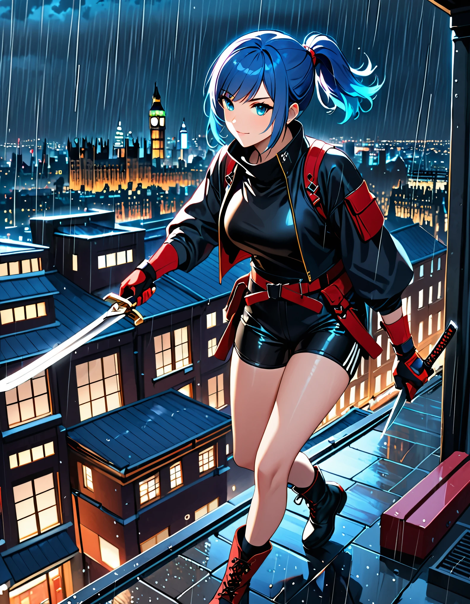 masterpiece, best quality, semi-realistic, solo, solo focus 1girl, blue hair, short hair, ponytail hair, cyan eyes, beautiful detailed eyes, beautiful detailed face, stoic, professional, ninja, black biker shorts, red tactical gloves, bare legs, matching boots, using daggers, london cityscape, rooftop, dutch angle, night, rain, running to viewer, noir atmosphere.