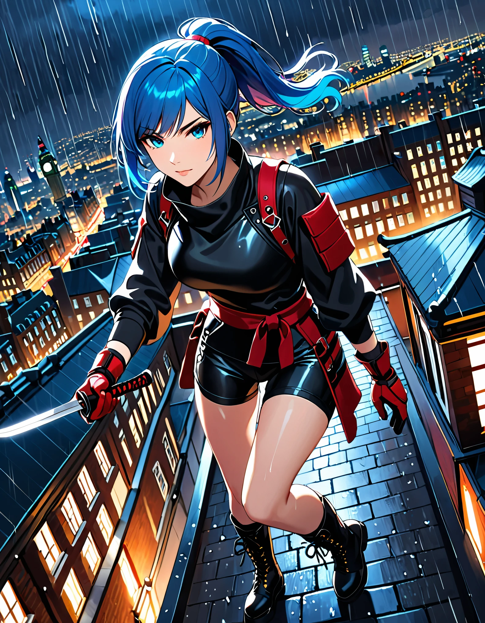 masterpiece, best quality, semi-realistic, solo, solo focus 1girl, blue hair, short hair, ponytail hair, cyan eyes, beautiful detailed eyes, beautiful detailed face, stoic, professional, ninja, black biker shorts, red tactical gloves, bare legs, matching boots, using daggers, london cityscape, rooftop, dutch angle, night, rain, running to viewer, noir atmosphere.