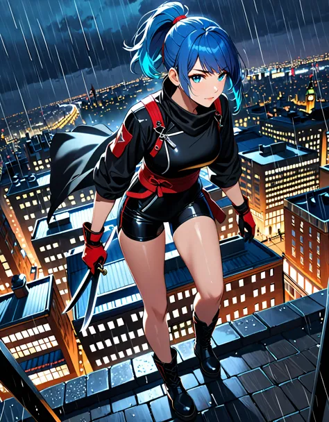 masterpiece, best quality, semi-realistic, solo, solo focus 1girl, blue hair, short hair, ponytail hair, cyan eyes, beautiful de...