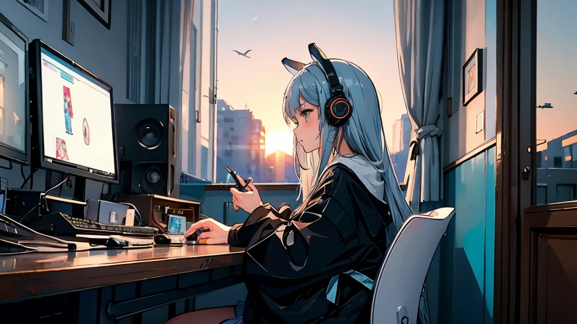 high resolution,High definition,high quality,Girl playing games,gaming computer,Erogeo Art Style, Arte Roffie, zero vibrations, Hip Hop Lofi,aesthetic, Lo-fi art, Lo-fi illustration style, zero, Portrait of Roffey, vibe zero, zero, Chill Hop, Anime Aesthetics,japanese style,large window,girl wearing headphones,sunset