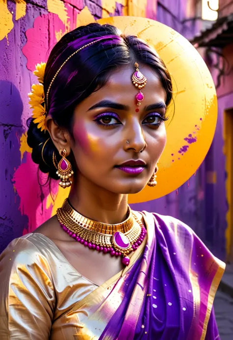 pop art portrait of an Indian woman in traditional attire, with gold jewelry and vibrant colors, background is a collage of purp...