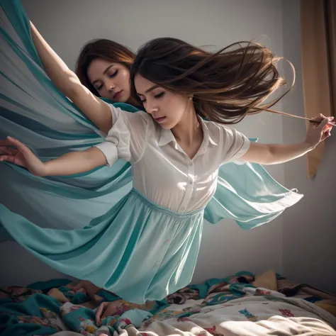 medium shot, best quality of photo, aesthetic abstract art, falling and floating pretty girl with type of fabrics in spare room ...