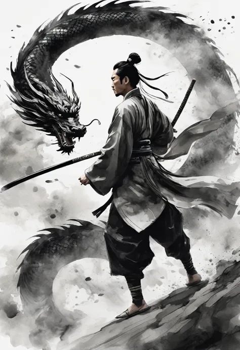 epic song ink lens，chinese warrior wearing hanfu fighting a dragon，pov perspective，first person，tradition chinese ink painting s...