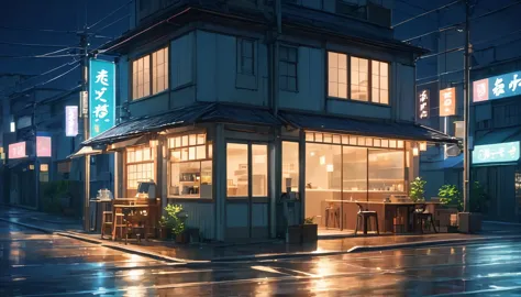 Generate an image of a deserted street at night with a lofi aesthetic coffee shop, highlighting the illuminated sign and the lam...